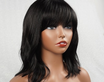 Black Wavy Human Hair Wig with Bangs 14in Customizable None-Lace Wigs