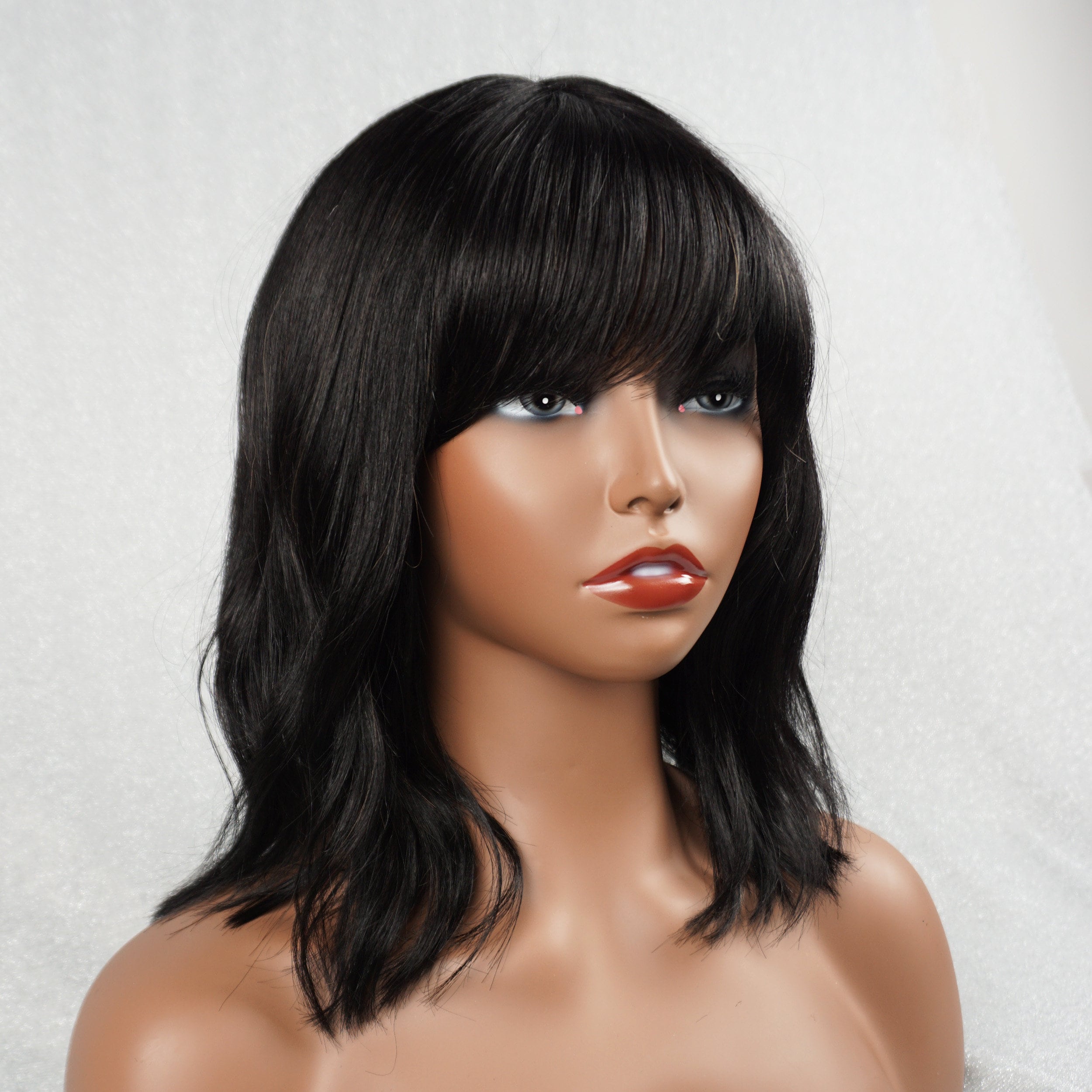 Perruque 100% Cheveux Humains Bruns Moyens 12 Pouces (30cm) Avec Frange - Bonnet Moyen Ajustable