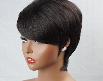 Pixie Shag Human Hair Customizable Wig Natural-Looking Realistic Crown Scalp Parting Natural Black