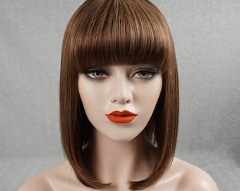 Layered Bob Wig Human Hair Brown Blonde Highlights with Bangs Customizable None-Lace Wigs