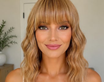 Human Hair Warm Beige Wavy Bob Wig with Soft Platinum Highlights Realistic Scalp Customizable