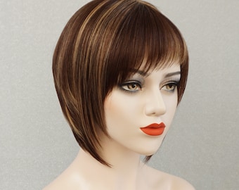 Human Hair Bob Wig Brown with Blonde Highlights 10in Customizable None-Lace Wigs