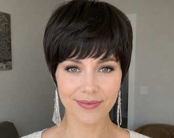 Human Hair Natural Black Pixie Wig Realistic Crown Scalp Parting Customizable