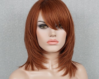Reddish Brown Human Hair Wig with Bangs Layered 14in Customizable None-Lace Wigs