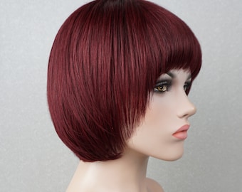 Burgundy Human Hair Bob Wig with Bangs Customizable None-Lace Wigs