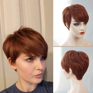 100% Real Human Hair Full Wig Cap 130 Density 6 in Pixie Cut Glueless Wig with Bangs Reddish Brown Hair Easy Wig for Women