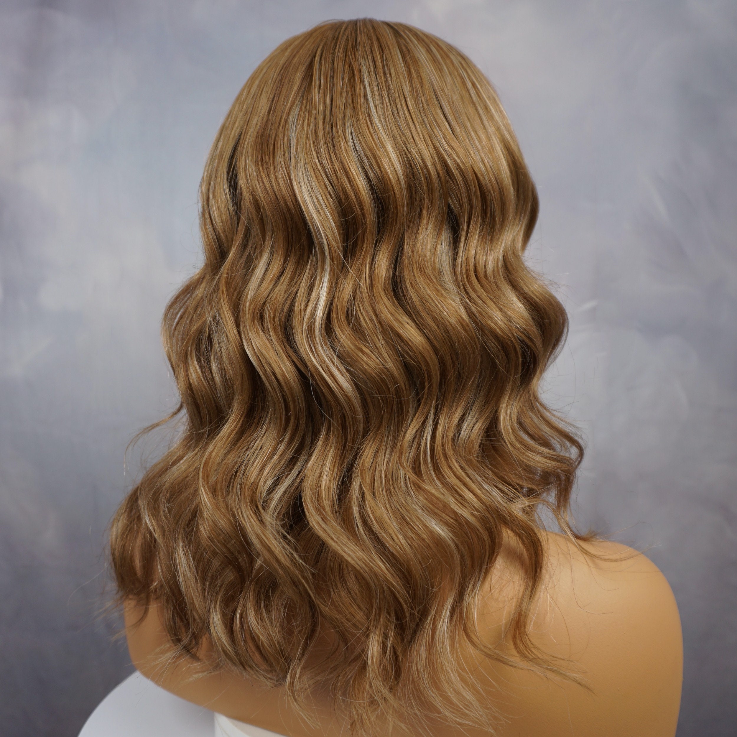 Long Wavy Human Hair Wig Light Brown Blonde Highlights Bangs 