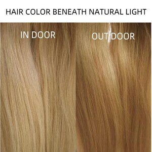 May include: A comparison of blonde hair color under different lighting conditions. The top text reads HAIR COLOR BENEATH NATURAL LIGHT. The left side is labeled IN DOOR, showing a lighter blonde tone, while the right side is labeled OUT DOOR, showing a warmer, golden blonde tone.