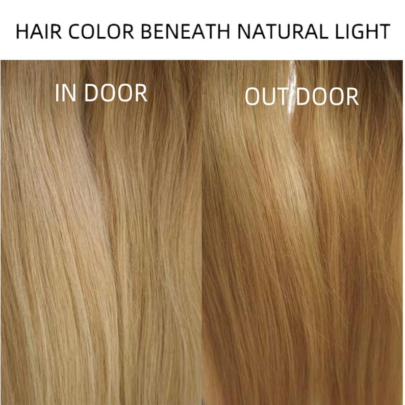 May include: A comparison of blonde hair color under different lighting conditions. The top text reads HAIR COLOR BENEATH NATURAL LIGHT. The left side is labeled IN DOOR, showing a lighter blonde tone, while the right side is labeled OUT DOOR, showing a warmer, golden blonde tone.