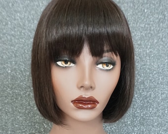 Dark Brown Human Hair Bob Wig with Bangs 10in Customizable None-Lace Wigs