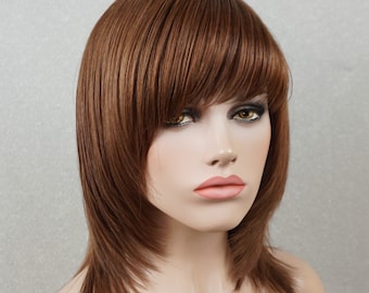 Warm Brown Human Hair Wig Layered Cut with Bangs 14in Customizable None-Lace Wigs