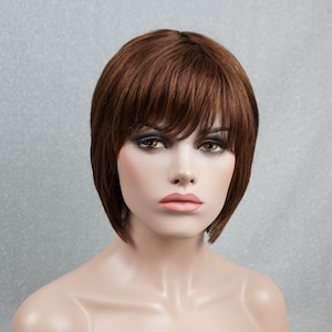 Human Hair Chestnut Brown Bob Wig 10in with Bangs Customizable None-Lace Wigs