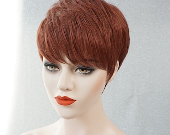 100% Human Hair Reddish Brown Full Cap Wig with Bangs Short Wig Natural Look Pixie Wigs 150 Density Ready to Wear Customizable Wig For woman