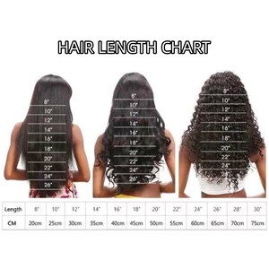 May include: A hair length chart featuring three back views of hair textures: straight, wavy, and curly. Each style has horizontal white lines indicating lengths from 8 to 26 inches. A table at the bottom lists lengths in inches and centimeters from 8 to 30.