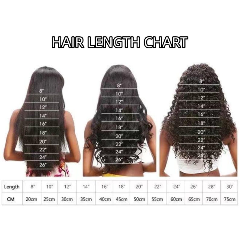May include: A hair length chart featuring three back views of hair textures: straight, wavy, and curly. Each style has horizontal white lines indicating lengths from 8 to 26 inches. A table at the bottom lists lengths in inches and centimeters from 8 to 30.