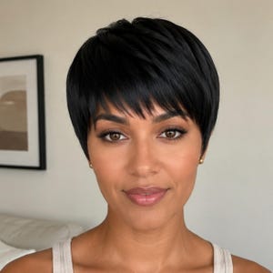 May include: A woman with brown eyes and a neutral expression is wearing a short, black wig with a side-swept bang. She is wearing a light-colored tank top and small gold earrings. The background is a neutral color.