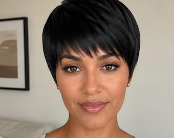 Human Hair Pixie Wig Natural Black Realistic Crown Scalp Parting Customizable