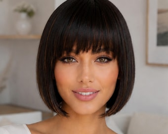 Human Hair Bob Wig with Bangs Natural Black with Copper Highlights Realistic Scalp Customizable
