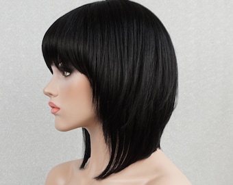 100% Human Hair Black Straight Layered Cut Shoulder Length 12in 150 Density Full Cap Wig with Bangs Natural Look Customizable Wigs for Women