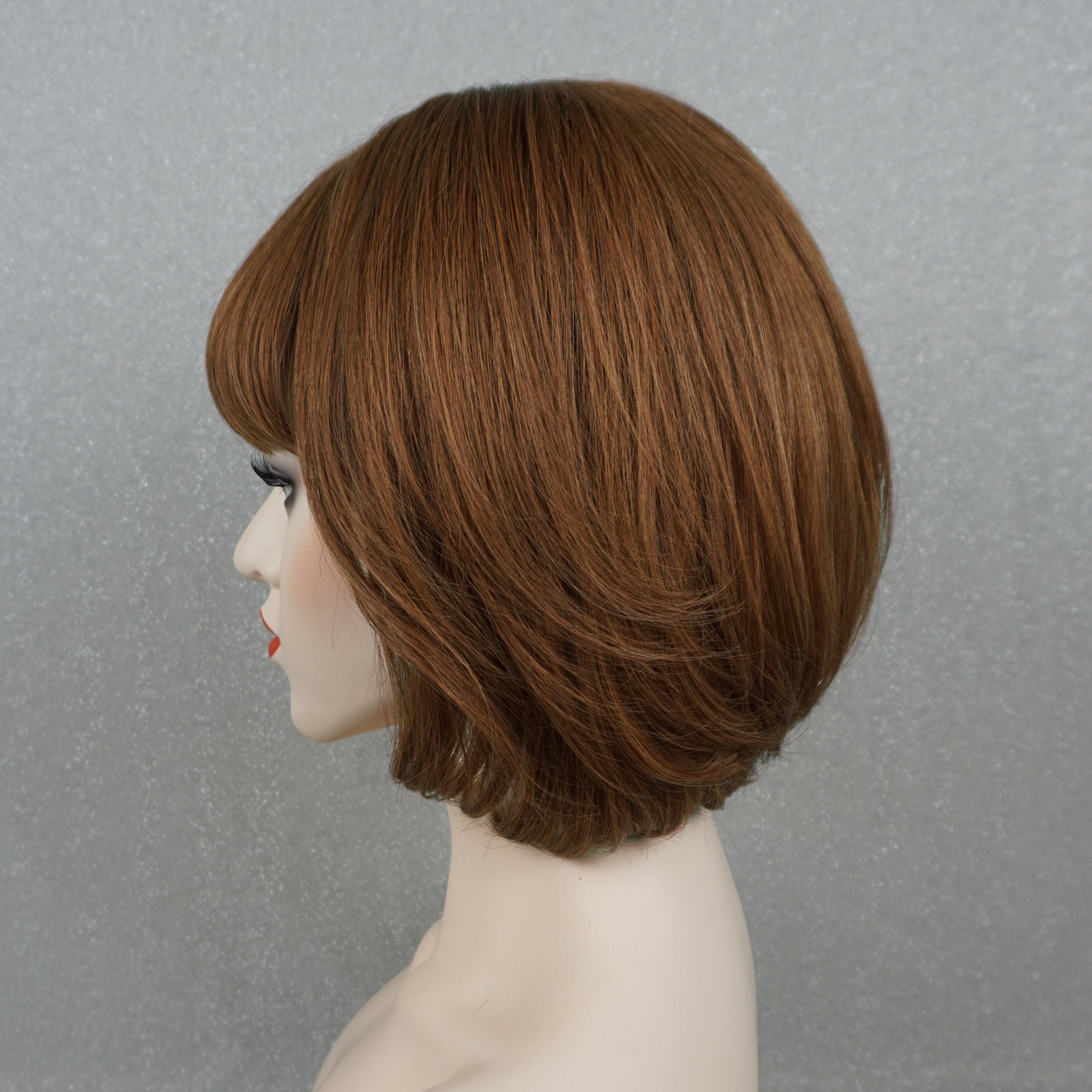 Human Hair Bob Wig With Bangs Copper Brown 10in Customizable 