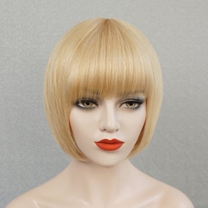 Light Blonde Human Hair Bob Wig with Bangs 10in Customizable None-Lace Wigs