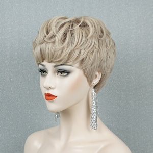 Grayish Blonde Human Hair Pixie Wig Short Cut with Bangs Customizable None-Lace Wigs
