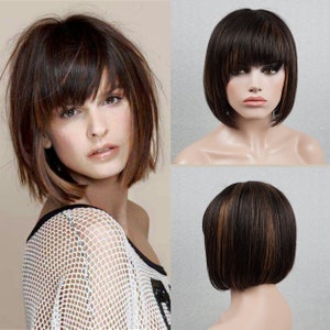 100 Remy Human Hair Straight Bob Wigs for Women Black Fashion Wigs with Auburn Highlights