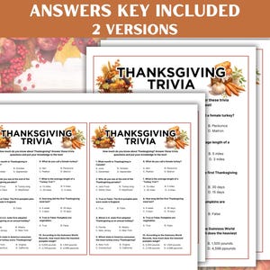 May include: Thanksgiving trivia game sheets with the text "ANSWERS KEY INCLUDED" and "2 VERSIONS". The sheets feature Thanksgiving-themed graphics and trivia questions about the holiday. The background includes pumpkins and fall foliage.