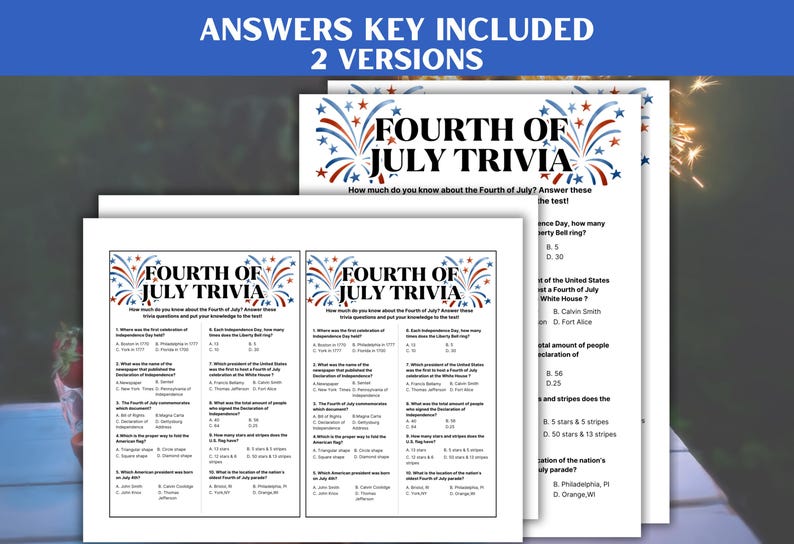 4th of July Trivia Game, Independence Day Trivia Game, Fourth of July ...