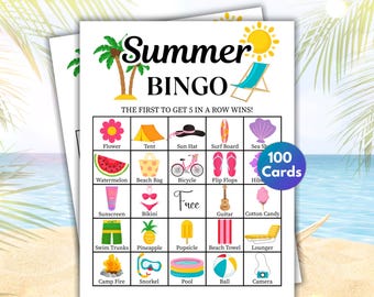 100 Sommer Bingo Karten, Sommeraktivitäten, Sommerspiele, Reisespiele, Familien Bingo, Bingo Spiel, Sommer Geburtstags Spiel, Bingo Spiel für Kinder
