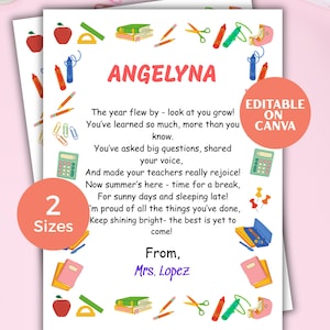 Poema de fin de año de la maestra/Último día de clases/Carta de despedida imprimible para estudiantes/Graduación de preescolar y primaria