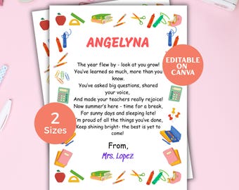 Poema de fin de año de la maestra/Último día de clases/Carta de despedida imprimible para estudiantes/Graduación de preescolar y primaria