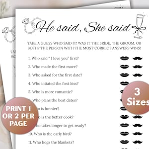 He Said She Said, Bridal Shower Games, Guess Who Said It, Wedding Shoe Games, Bride or Groom Games, Wedding Games, Wedding Table Games