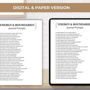 May include: A digital and paper version of a journal titled "Energy & Boundaries" with journal prompts. The paper version is on a white background, and the digital version is on a tablet. The text includes questions about emotions and boundaries.