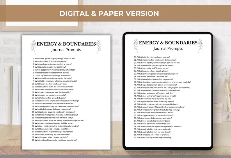 May include: A digital and paper version of a journal titled "Energy & Boundaries" with journal prompts. The paper version is on a white background, and the digital version is on a tablet. The text includes questions about emotions and boundaries.