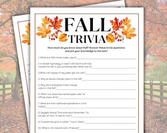 May include: A printed sheet with fall trivia questions. The title "FALL TRIVIA" is at the top, decorated with autumn leaves. The questions cover topics like zodiac signs, Greek mythology, and the natural colour of leaves.