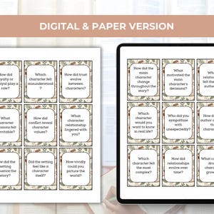 May include: Digital and paper version of character analysis cards. The cards feature questions about character development, relationships, and story elements. The cards are beige with a floral border and text.