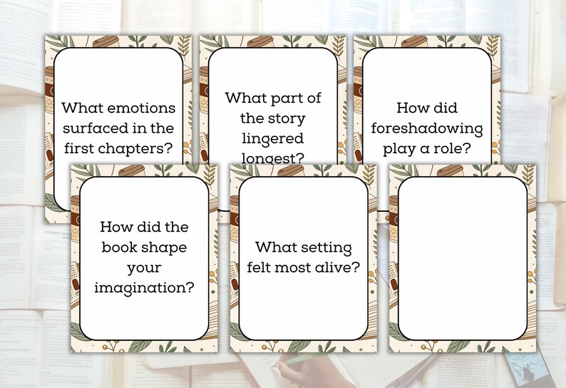 May include: Six reading comprehension cards with text prompts on a white background. The cards have a decorative border with a book and leaf design. The prompts include questions about emotions, story elements, and imagination.