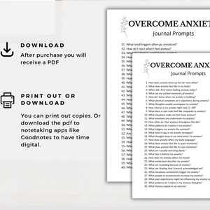 K&ouml;nnte beinhalten: Zwei wei&szlig;e Journalseiten mit dem Text "OVERCOME ANXIETY Journal Prompts" und einer Liste von Fragen. Das Bild enth&auml;lt auch Anweisungen zum Herunterladen und Drucken der PDF-Datei.