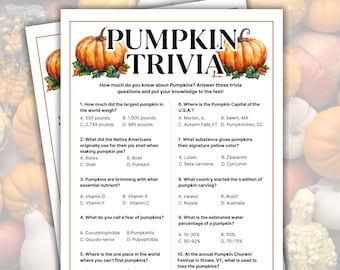 May include: A printed sheet featuring pumpkin trivia questions. The title "Pumpkin Trivia" is displayed above a watercolour pumpkin illustration. Questions cover pumpkin facts, including weight, origin, and the Pumpkin Capital of the U.S.A.