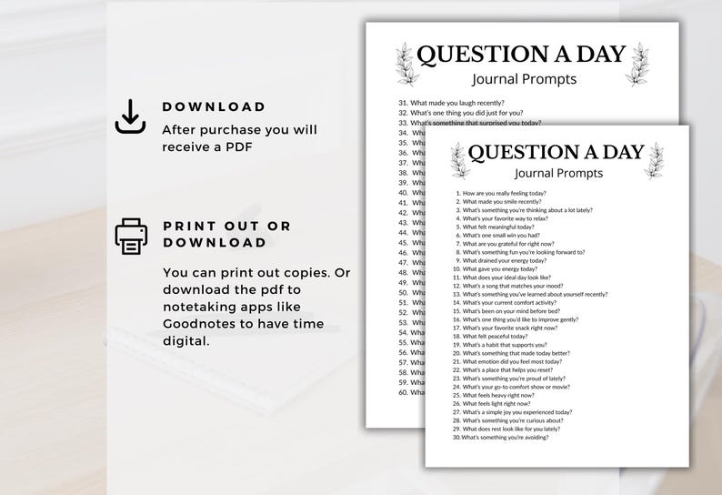 Może przedstawiać: Dwa białe arkusze papieru z pytaniami do dziennika. Tekst "QUESTION A DAY Journal Prompts" znajduje się na g&oacute;rze. Obraz zawiera r&oacute;wnież instrukcje dotyczące pobierania pliku PDF i drukowania kopii.