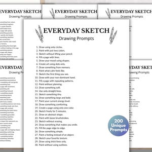 以下が含まれることがあります： 「EVERYDAY SKETCH Drawing Prompts」のテキストと鉛筆のイラストが描かれた白い紙。各シートには描画プロンプトがリストされており、「200 Unique Prompts」を示す青い円があります。アーティスト向け。