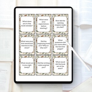 May include: A digital tablet displays nine reading prompt cards with text such as "What drew you to this book initially?" The cards have a beige background with a floral border. The tablet is surrounded by open books.