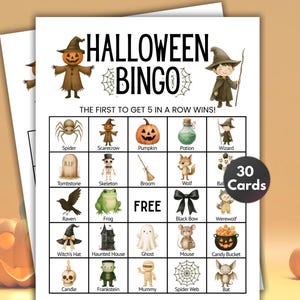 Puede incluir: Juego de bingo de Halloween con ilustraciones temáticas de Halloween, que incluyen arañas, calabazas y brujas. El texto dice "Halloween Bingo" y "¡El primero en obtener 5 en una fila gana!" Incluye 30 cartas.