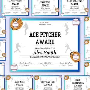 Editable Baseball Awards Templates | Baseball Certificate | Baseball Certificates | Unique End of Season Certificates | Canva Template