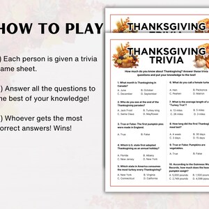 May include: Thanksgiving trivia game sheet with multiple-choice questions. The sheet includes questions about Thanksgiving traditions, history, and facts. The game is designed to test knowledge about the holiday.