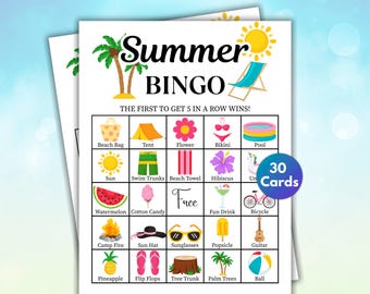 30 Sommer Bingo Karten, Sommeraktivitäten, Sommerspiele, Reisespiele, Familien Bingo, Bingo Spiel, Sommer Geburtstags Spiel, Bingo Spiel für Kinder