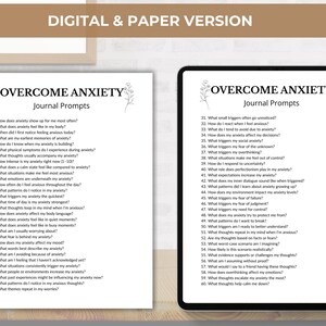 K&ouml;nnte beinhalten: Ein digitales Tablet und eine gedruckte Seite zeigen Journal-Eingabeaufforderungen zur &Uuml;berwindung von Angstzust&auml;nden. Der Text "OVERCOME ANXIETY Journal Prompts" steht oben. Die Eingabeaufforderungen sind nummeriert und enthalten Fragen zu Angstausl&ouml;sern und -gef&uuml;hlen.