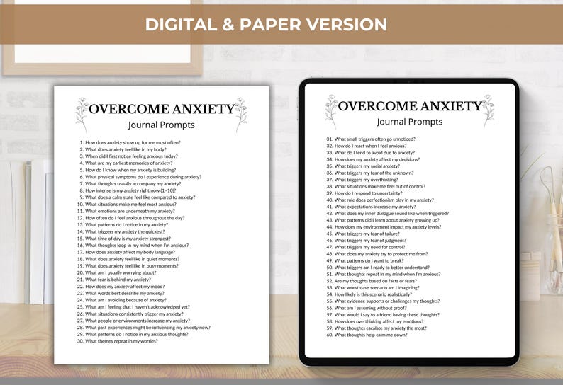 K&ouml;nnte beinhalten: Ein digitales Tablet und eine gedruckte Seite zeigen Journal-Eingabeaufforderungen zur &Uuml;berwindung von Angstzust&auml;nden. Der Text "OVERCOME ANXIETY Journal Prompts" steht oben. Die Eingabeaufforderungen sind nummeriert und enthalten Fragen zu Angstausl&ouml;sern und -gef&uuml;hlen.
