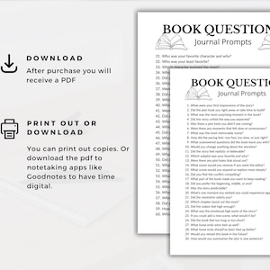 Puede incluir: Dos p&aacute;ginas PDF imprimibles con preguntas de diario de libros. Las p&aacute;ginas muestran el texto "BOOK QUESTIONS Journal Prompts". Las preguntas incluyen preguntas sobre personajes, trama y escenas memorables.